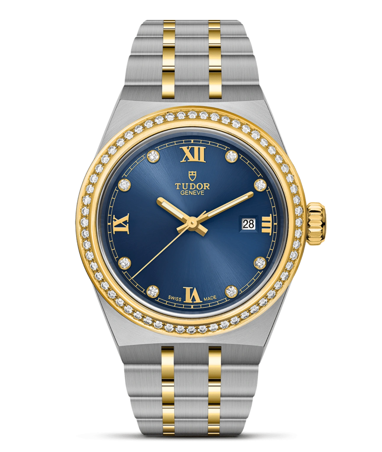 Reloj TUDOR Royal acero 28 mm esfera azul y bisel de oro amarillo: detalle de la esfera