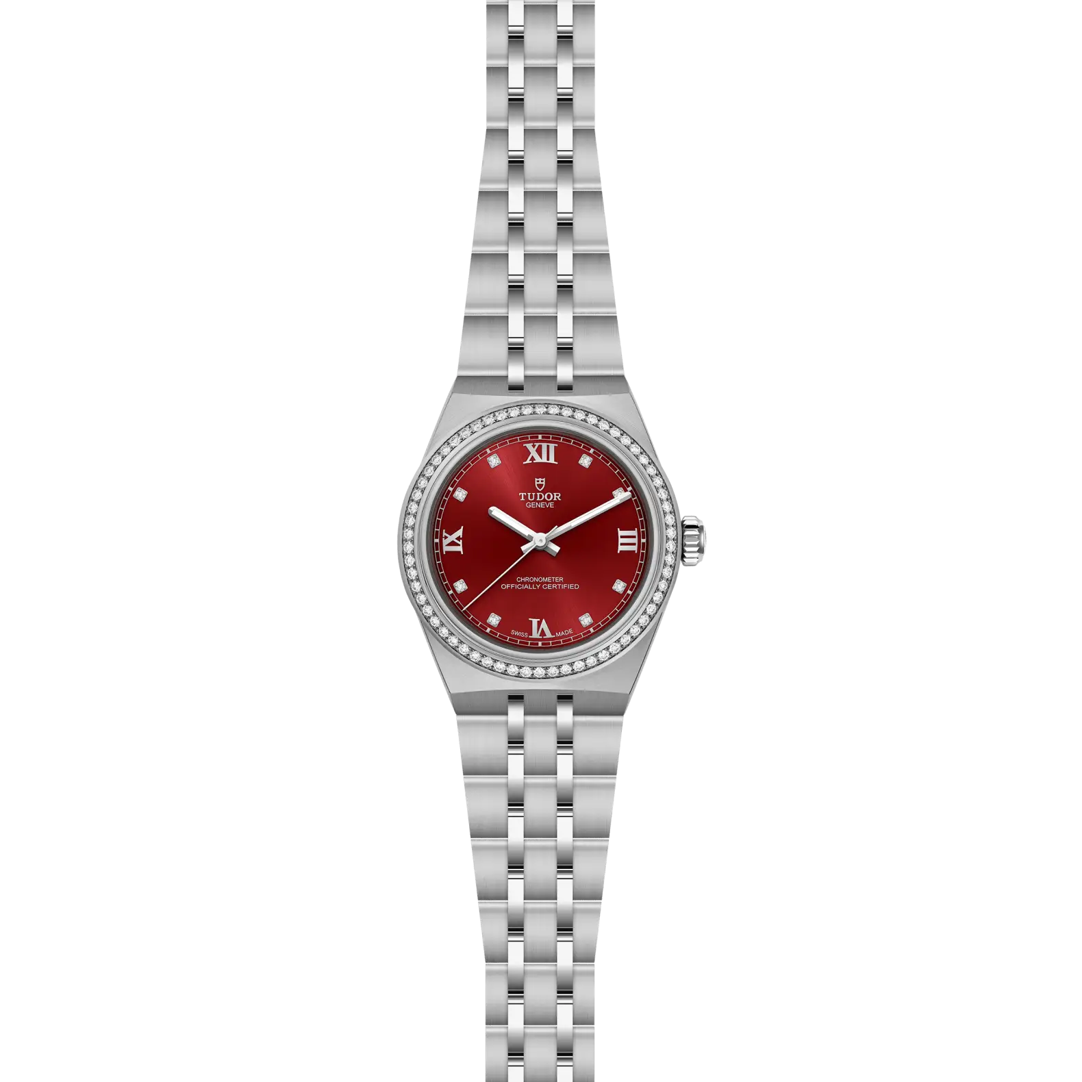 Reloj TUDOR Royal acero 30mm con esfera burdeos y bisel de acero engastado de diamantes: vista frontal