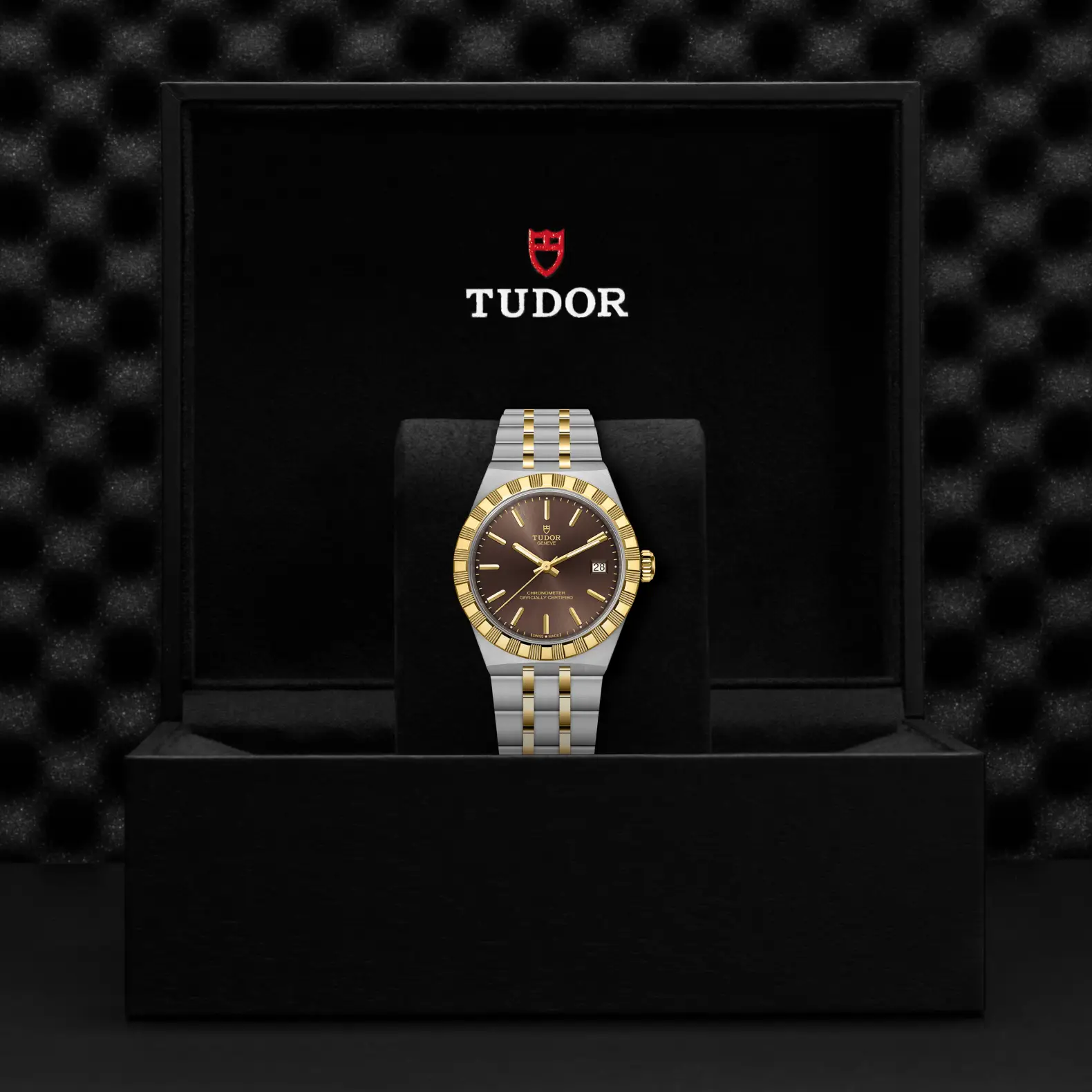 Reloj TUDOR Royal acero 36mm en acero y oro amarillo con esfera marrón: presentación en su caja oficial
