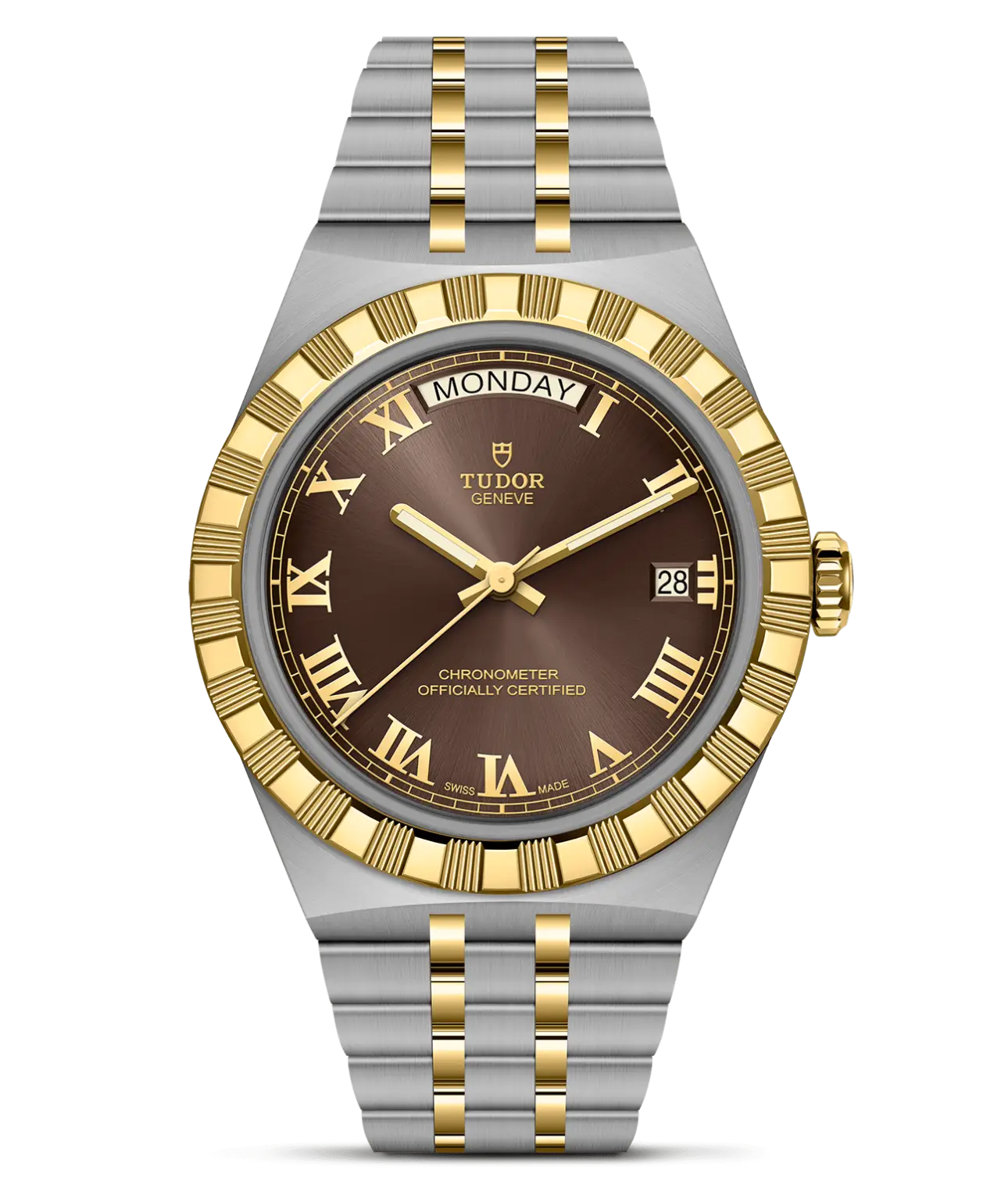 Reloj TUDOR Royal acero y oro amarillo 40mm con esfera marrón con números romanos: detalle de la esfera