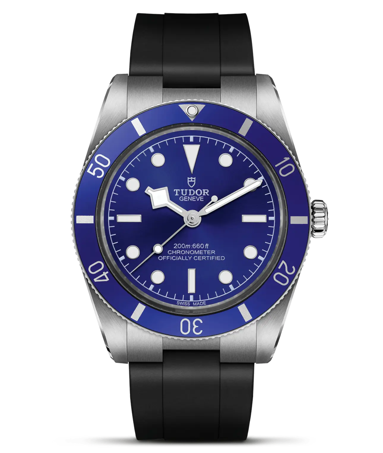 Reloj TUDOR Black Bay 54 con esfera y bisel azul y correa de caucho: detalle de la esfera