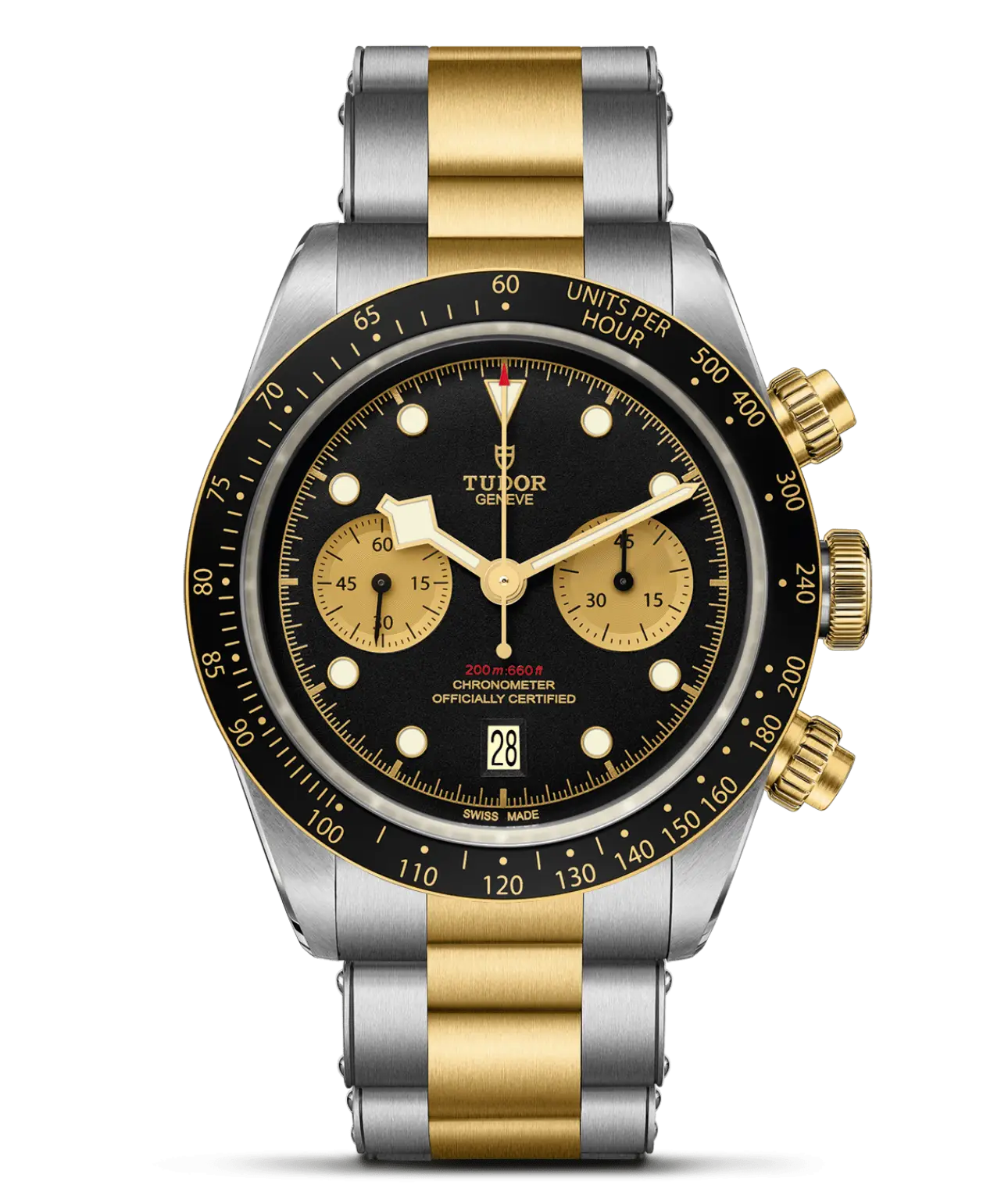Reloj TUDOR Black Bay Chrono S&G con brazalete en acero y oro amarillo: detalle de la esfera