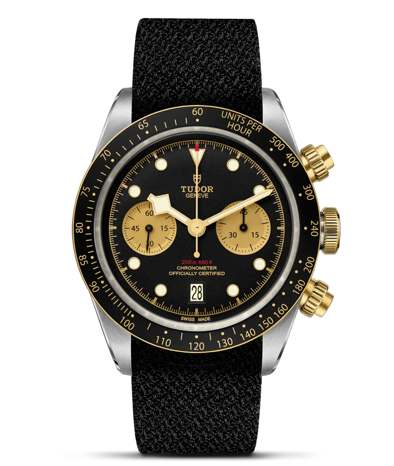 Reloj TUDOR Black Bay Chrono S&G con bisel de oro amarillo: detalle de la esfera