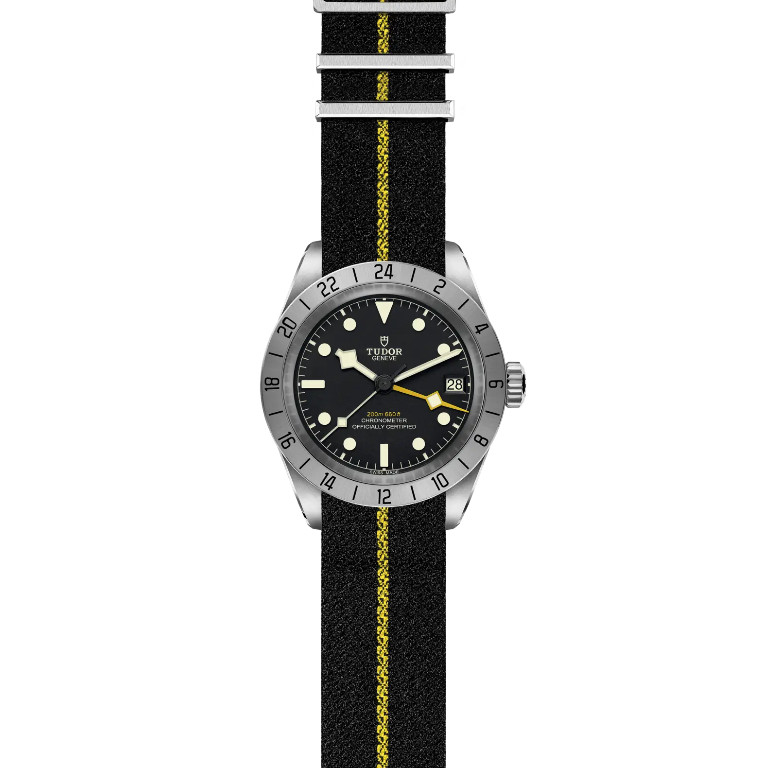 Reloj TUDOR Black Bay Pro con correa de tejido negra y banda amarilla: vista frontal