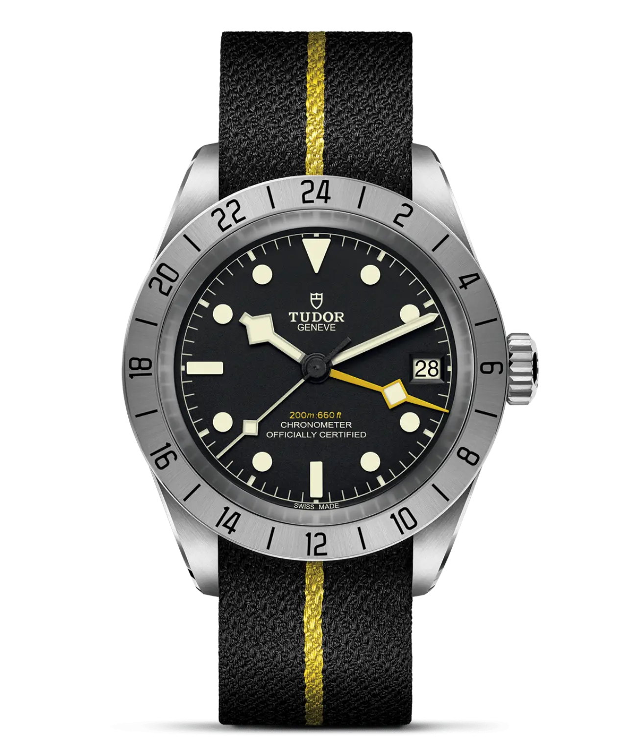 Reloj TUDOR Black Bay Pro con correa de tejido negra y banda amarilla: detalle de la esfera