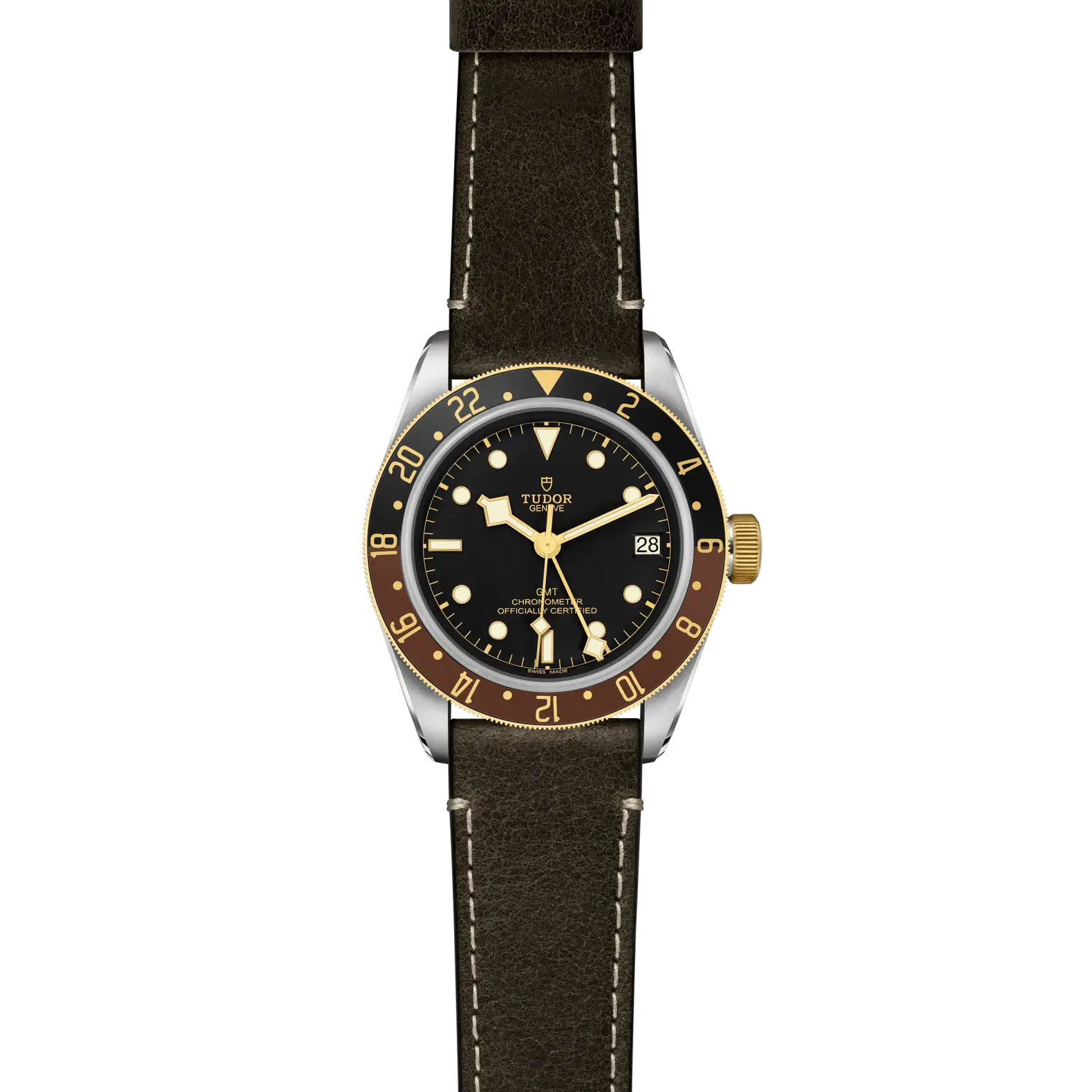 Reloj TUDOR Black Bay GMT S&G con correa de cuero marrón: vista frontal