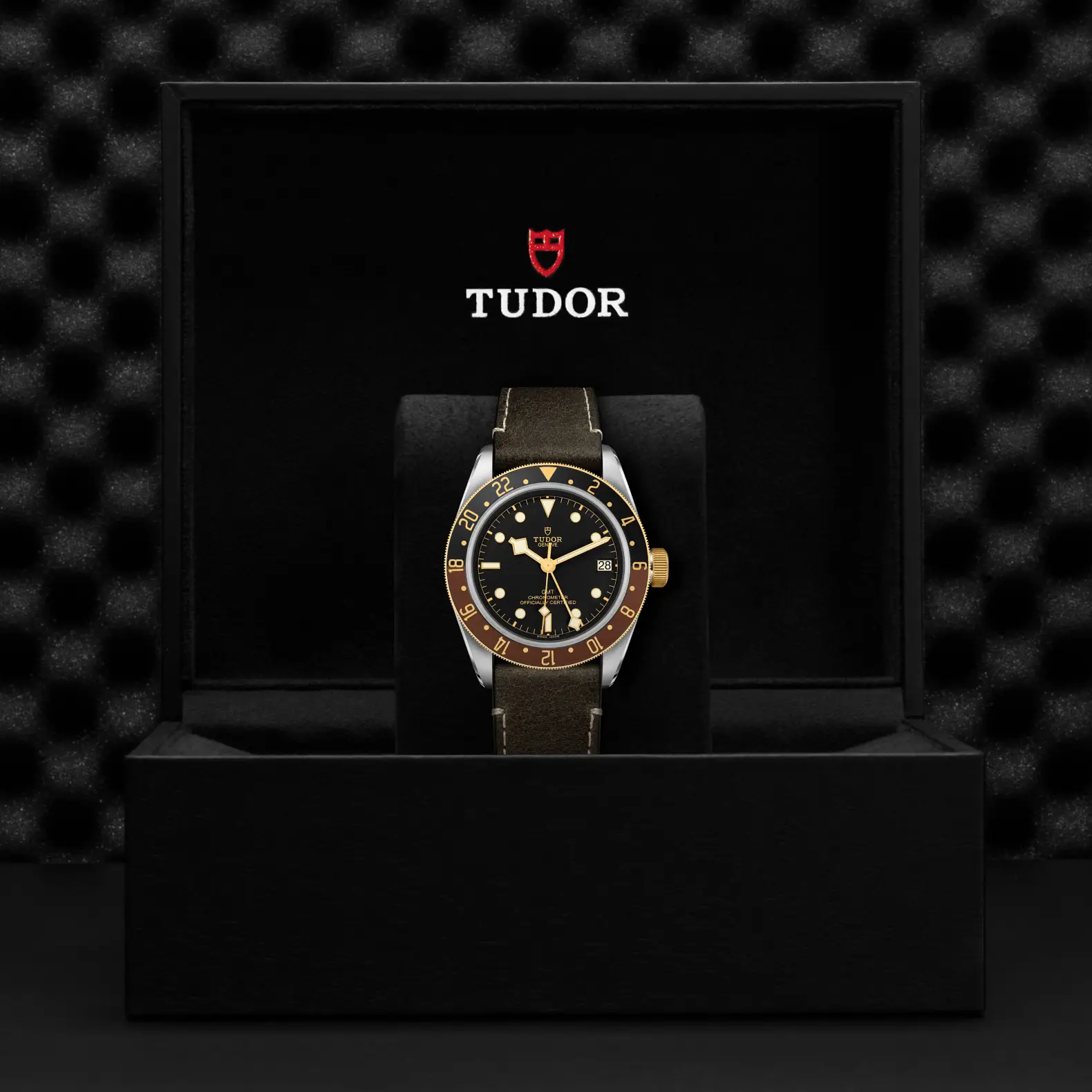 Reloj TUDOR Black Bay GMT S&G con correa de cuero marrón: presentación en su caja oficial