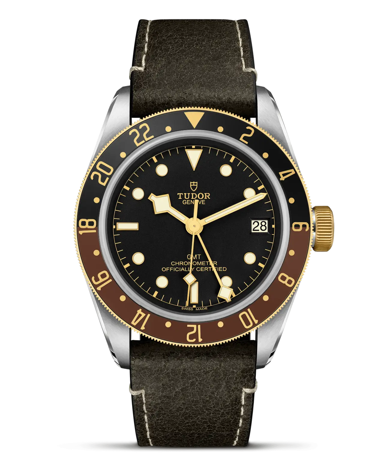 Reloj TUDOR Black Bay GMT S&G con correa de cuero marrón: detalle de la esfera