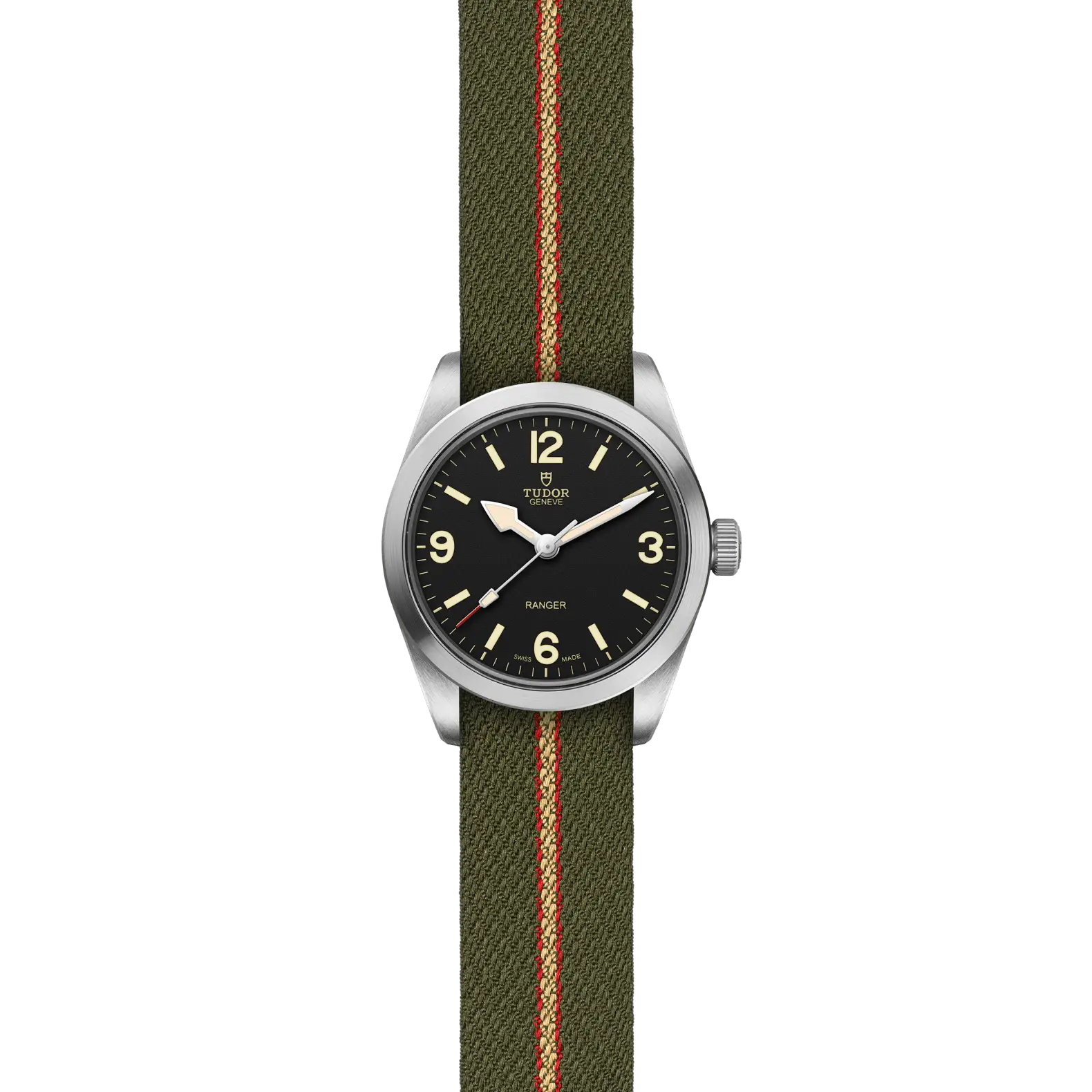 Reloj TUDOR Ranger con esfera negra y correa de tejido verde: vista frontal
