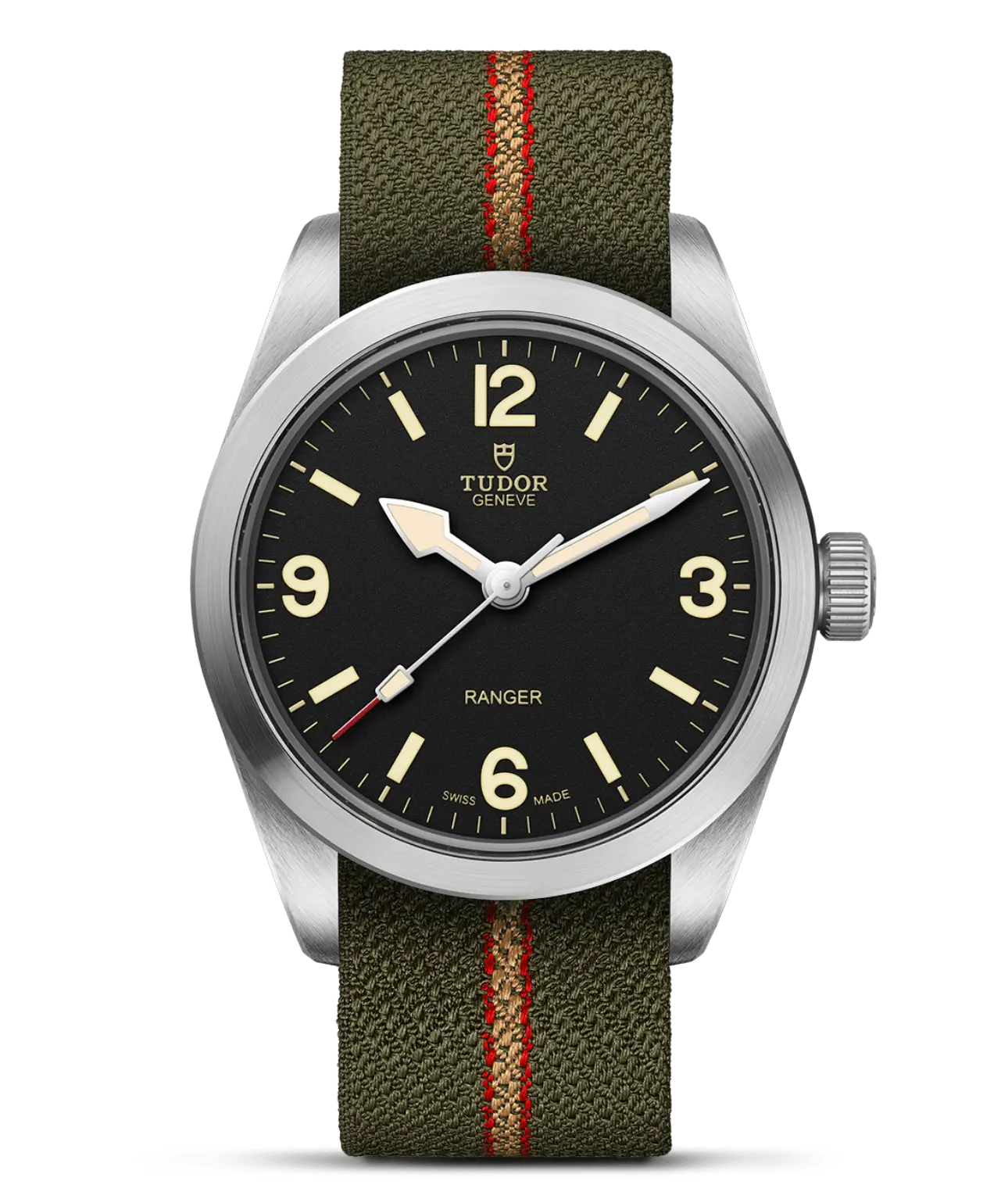 Reloj TUDOR Ranger con esfera negra y correa de tejido verde: detalle de la esfera