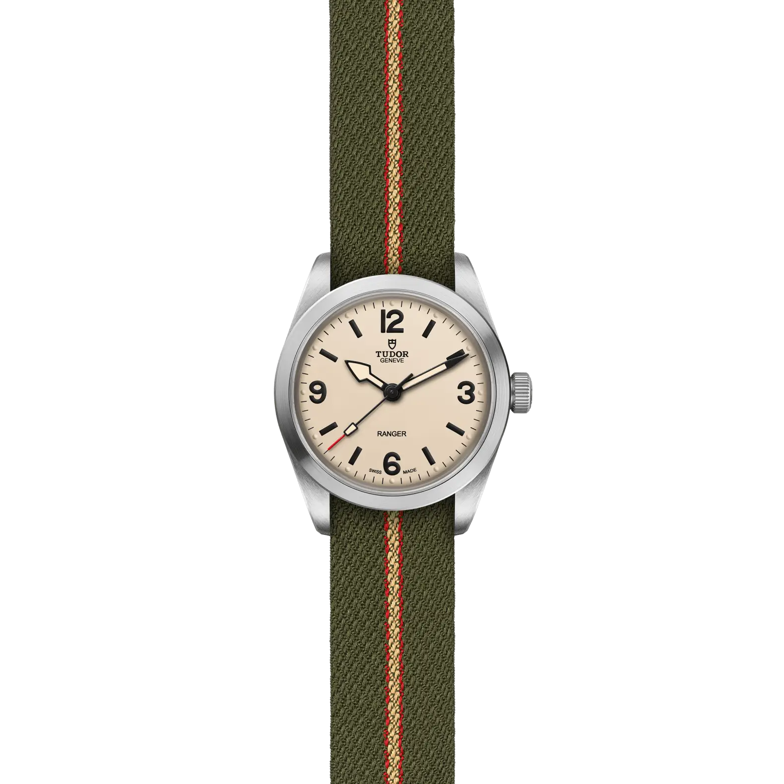 Reloj TUDOR Ranger con esfera beige y correa de tejido verde: vista frontal