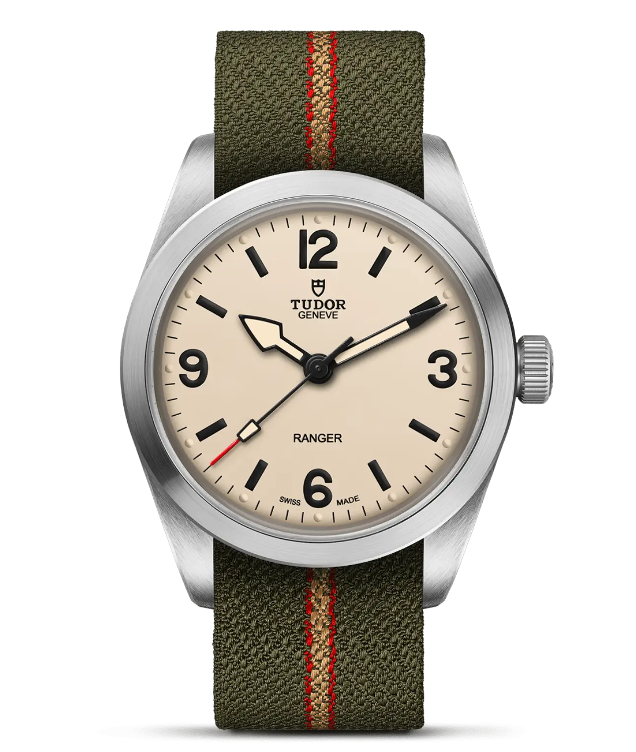 Reloj TUDOR Ranger con esfera beige y correa de tejido verde: detalle de la esfera