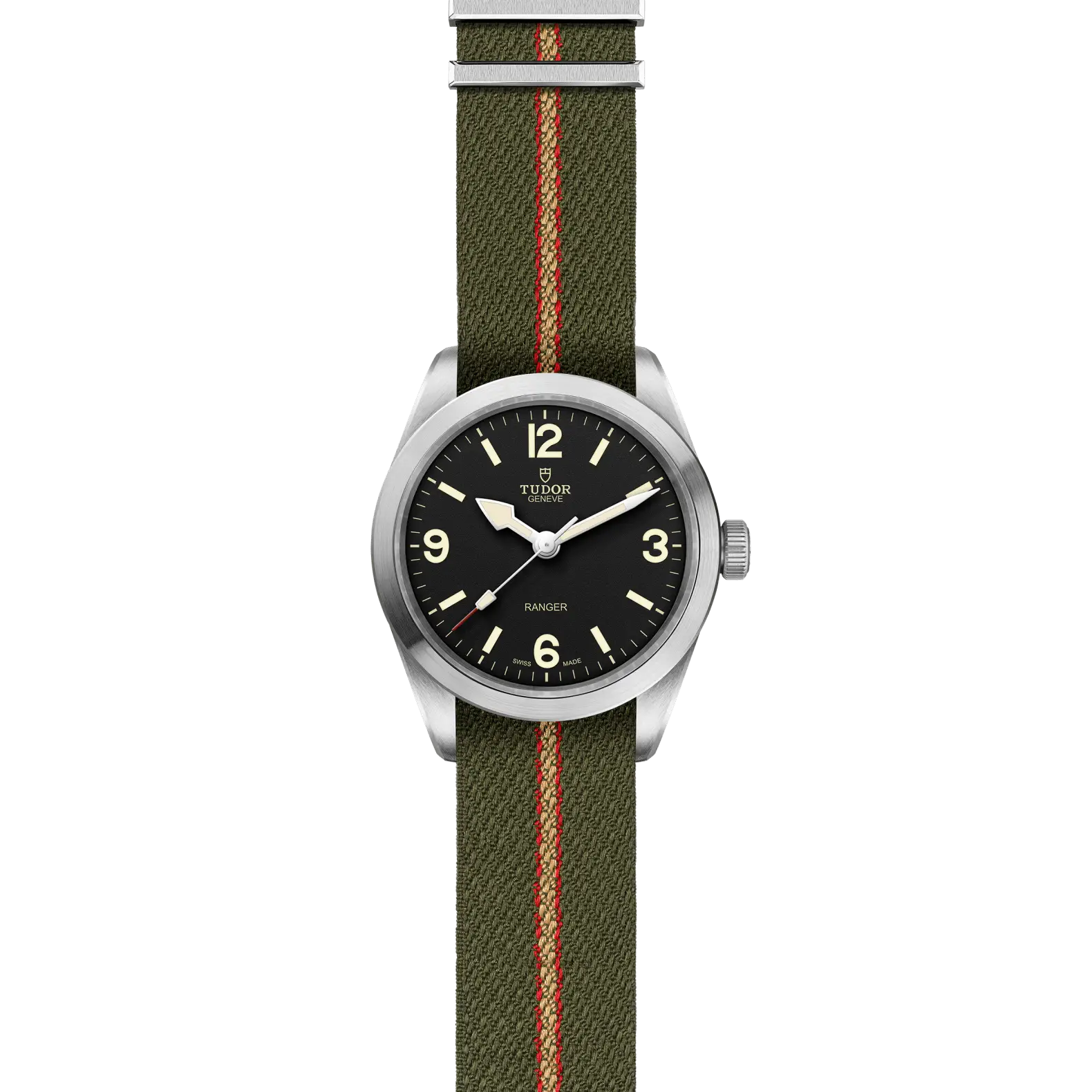 Reloj TUDOR Ranger 39 mm con esfera negra y correa de tejido verde: vista frontal