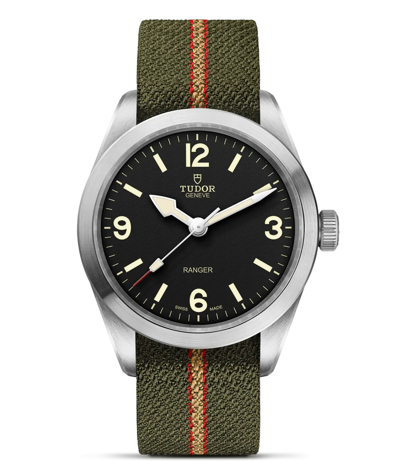 Reloj TUDOR Ranger 39 mm con esfera negra y correa de tejido verde: detalle de la esfera