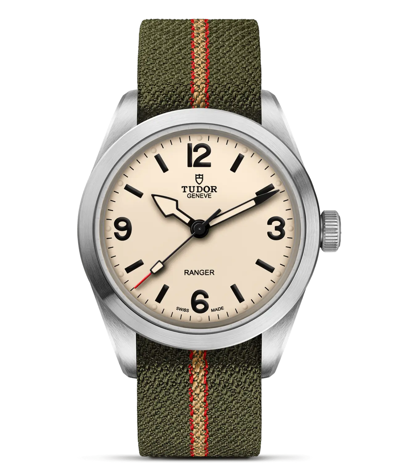 Reloj TUDOR Ranger 39 mm con esfera beige y correa de tejido verde: detalle de la esfera