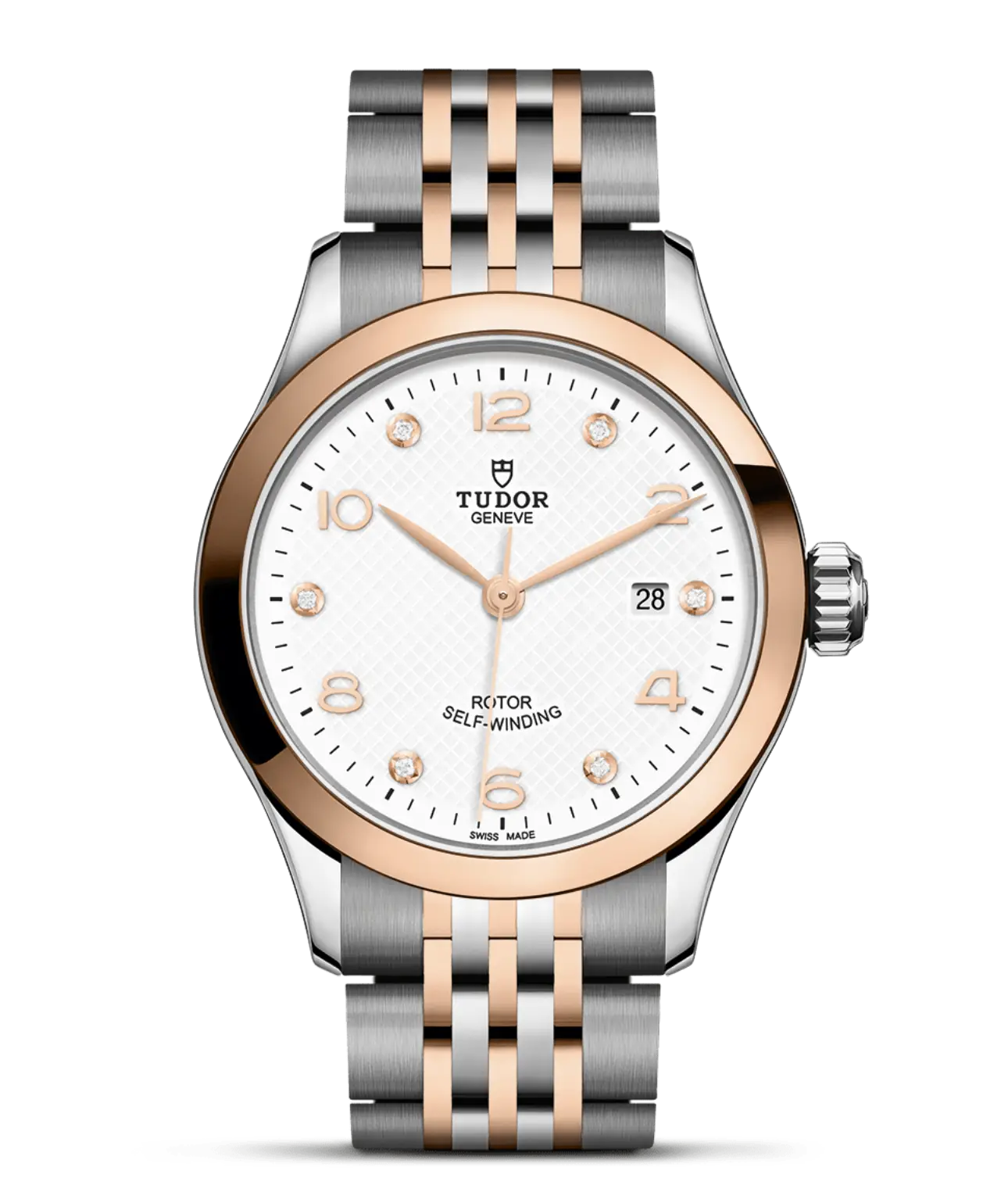 Reloj TUDOR 1926 28 mm en acero y oro rosa con esfera blanca y diamantes: detalle de la esfera