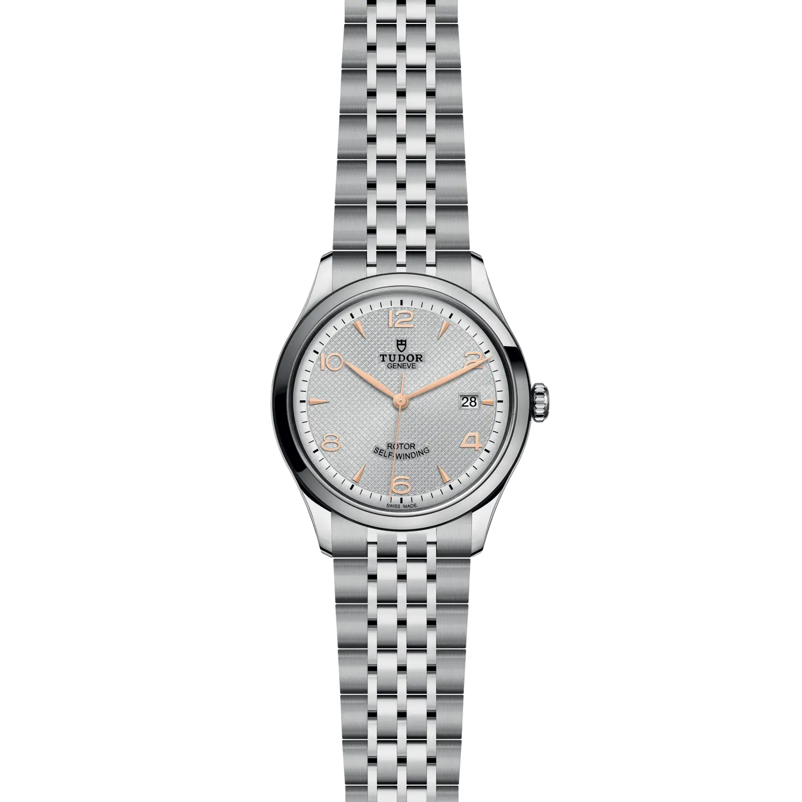 Reloj TUDOR 1926 con esfera plateada y agujas doradas: vista frontal