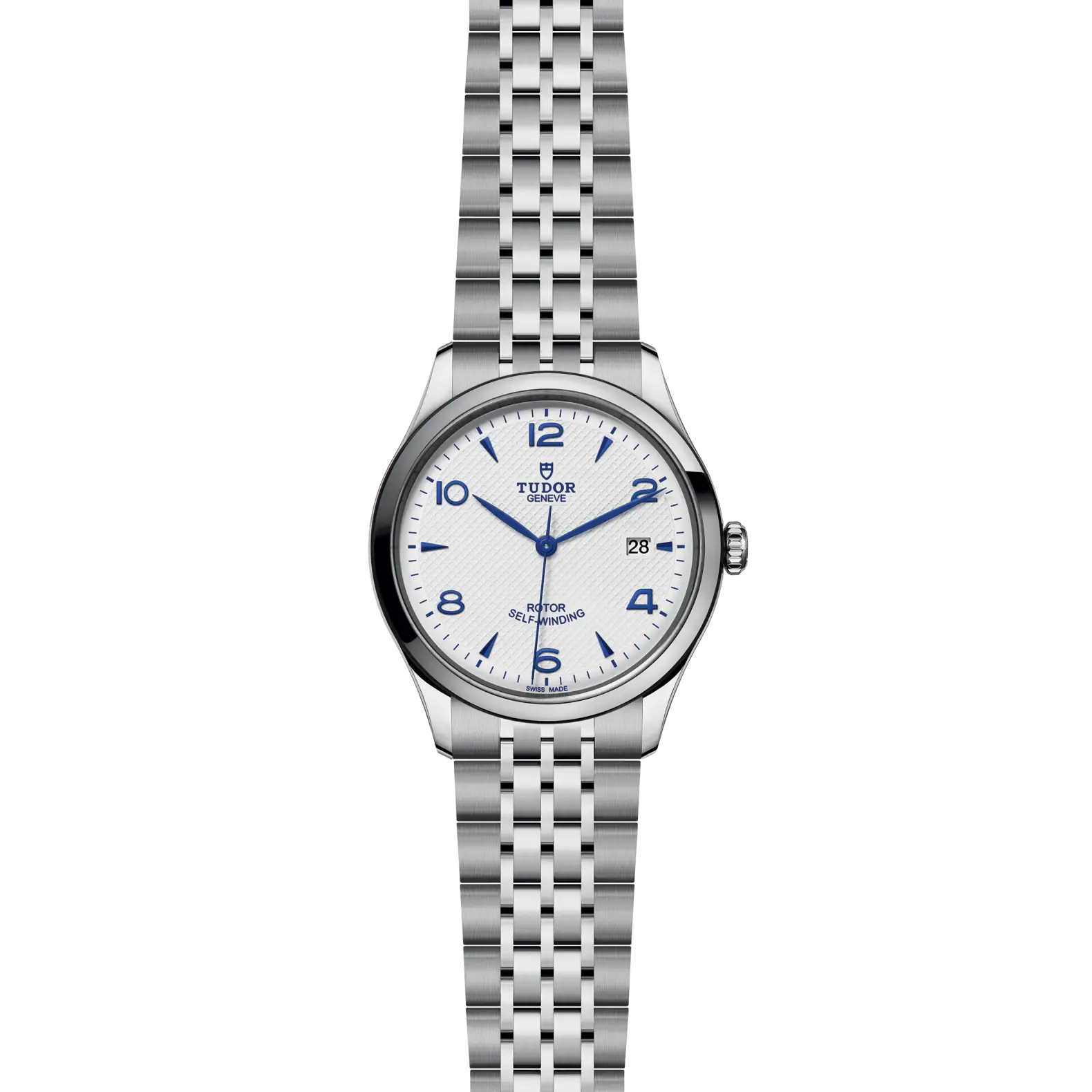 Reloj TUDOR 1926 con esfera opalina y agujas azules: vista frontal