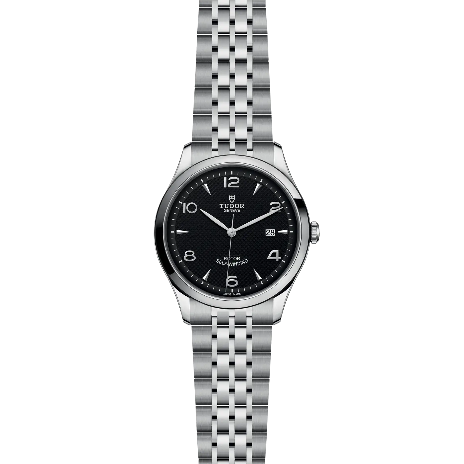 Reloj TUDOR 1926 con esfera negra, agujas rodiadas y brazalete de acero: vista frontal
