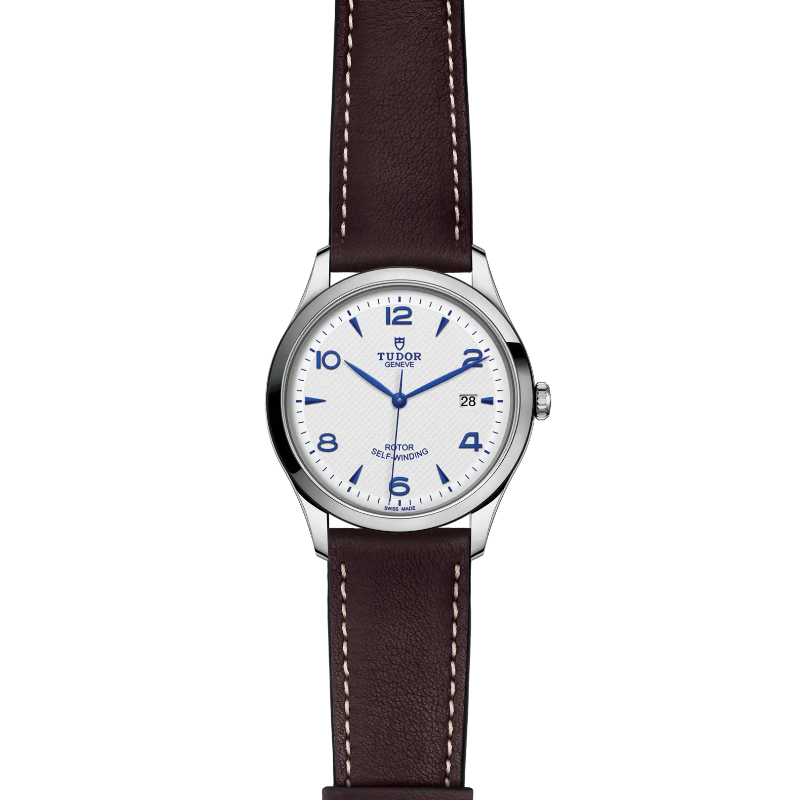 Reloj TUDOR 1926 con esfera opalina, agujas azules y correa de cuero negro: vista frontal
