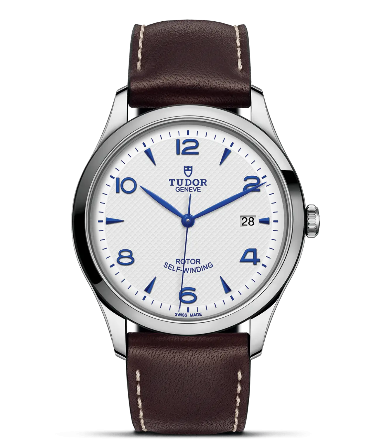 Reloj TUDOR 1926 con esfera opalina, agujas azules y correa de cuero negro: detalle de la esfera